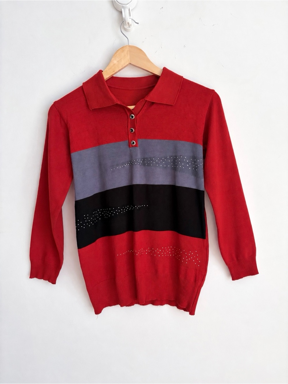 Y2K Rhinestone Polo Sweater Retro Preppy S/M